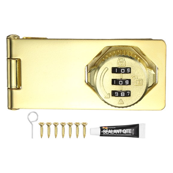 Uxcell Password Rotary Hasp Locks (5", Gold) (1Pcs), Keyless 3-Digit Cabinet Locks with Combination Security Slide Latch, Suit For- Door/Closet/Barn/Bathroom/Outdoor/Garden