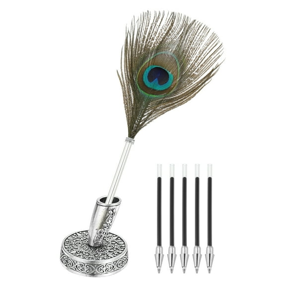 Uxcell Peacock Feather Ballpoint Pens, Metal Holder Black Ink Quill Pen with 5 Pieces Refill for Office, Wedding, Silver