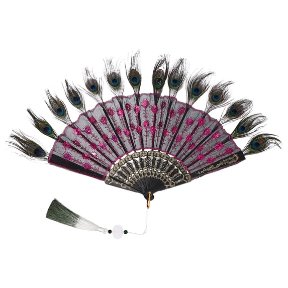 Uxcell Peacock Feather Hand Fan, 20s Vintage Folding Fan Flapper Hand Fan, Handheld Folding Fan Prom Accessories -Fitting For (Vintage Party/Wedding/Costume Dancing/Gift) 9", Rose Red