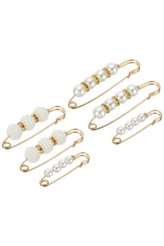 Pearl Brooch Pins 6 Styles 1.5/2.3/3 Inch Metal Faux Pearl Decorative Collar Safety Pins Clips, White, 6pcs