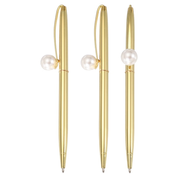 Uxcell Pearl Decorative Metal Ballpoint Pen, 3Pcs Pearl Ballpoint Ball Pen 1.0mm for Wedding Note Taking Journaling Gift Office, Plated Gold