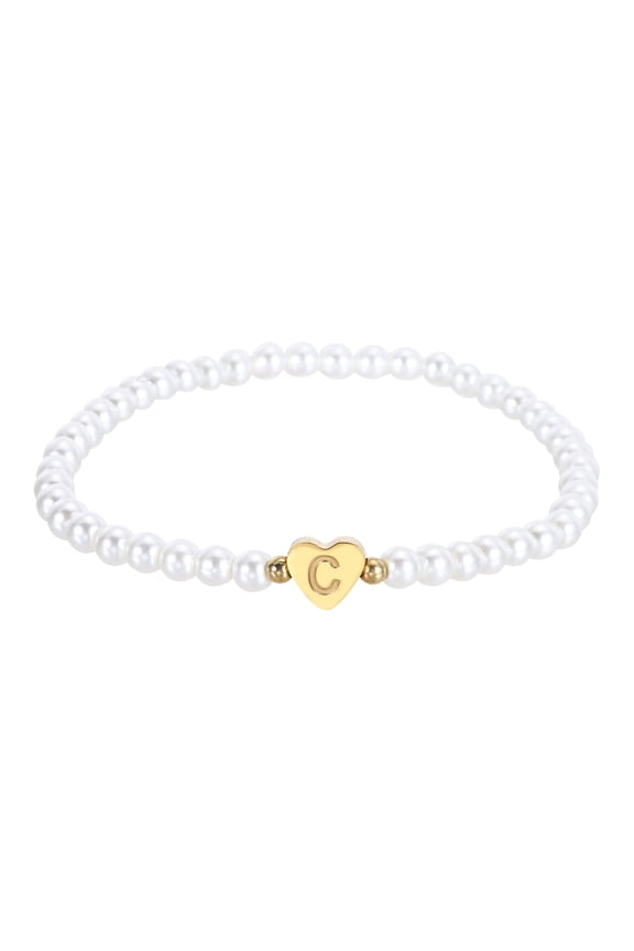Pearl Initial Bracelet for Women, Gold Heart Charm Dainty Pearl Letter Bracelets for Women Wedding Trendy Birthday Gifts, C