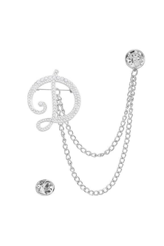 Pearl Letter D Hanging Chain Brooch Suit Pin Set, Silver, Initial A-Z Rhinestone Tassel Chain Lapel Pins & Faux Pearl Brooches Kit for Men Women Suit Dress Clothes DIY Accessories