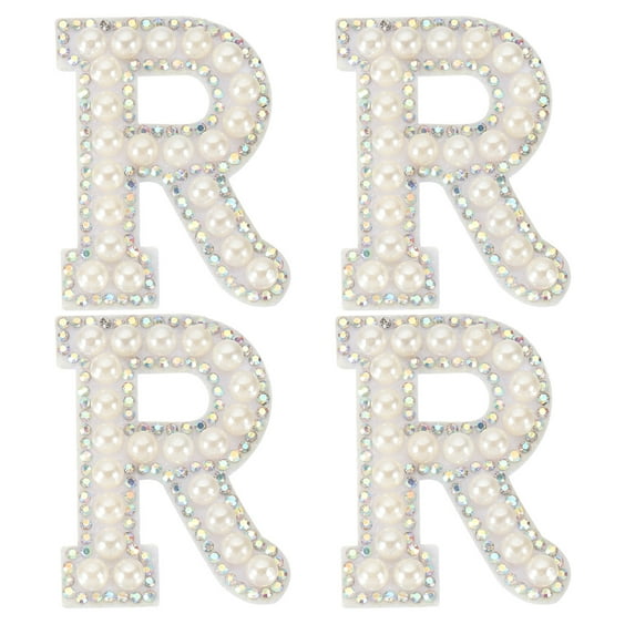 Uxcell Pearl Letter Patches, 4 Pcs White Chenille Letter Glitter Rhinestone Alphabet Applique Cloth Patches Iron on for Clothing Jacket Backpack Hat, R