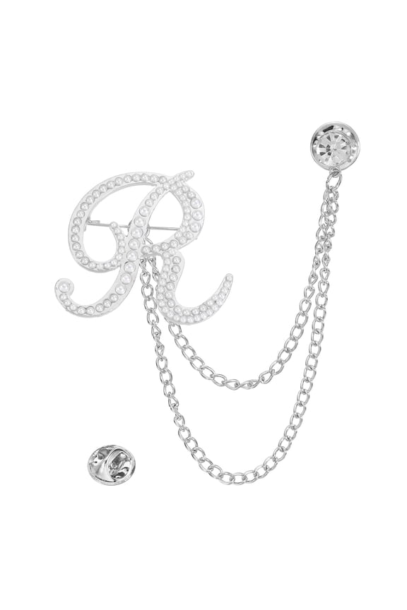 Pearl Letter R Hanging Chain Brooch Suit Pin Set, Silver, Initial A-Z Rhinestone Tassel Chain Lapel Pins & Faux Pearl Brooches Kit for Men Women Suit Dress Clothes DIY Accessories