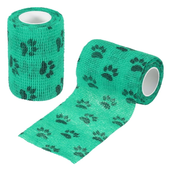 Uxcell Pet Wrap Bandages, 3 Inch 5 Yard Self Adhesive Bandage Wrap, Pet Non-Woven Tape First Aid Cohesive Gauze, (Green/Paw, 2 Pcs)