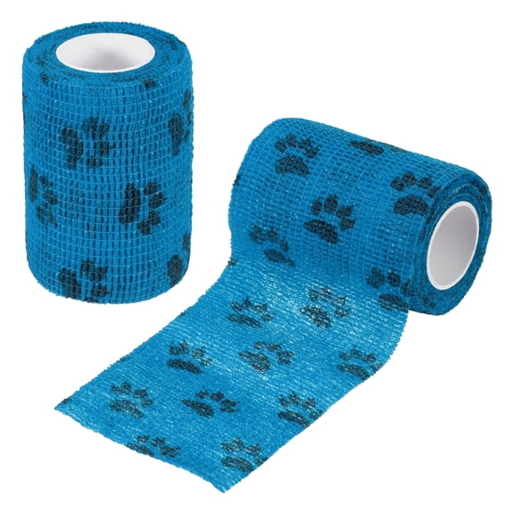 Uxcell Pet Wrap Bandages, 3 Inch 5 Yard Self Adhesive Bandage Wrap, Pet Non-Woven Tape First Aid Cohesive Gauze, (Light Blue/Paw, 2 Pcs)