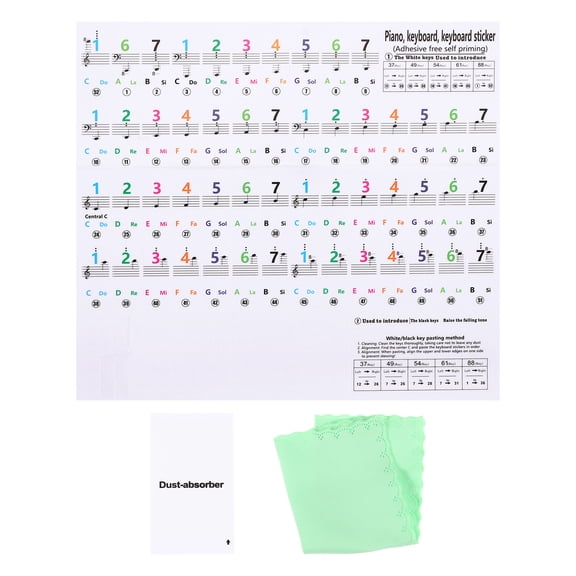 Uxcell Piano Keyboard Stickers for 88/61/54 Keys, Removable Piano Number Key Note Guide Sticker with Leaning Cloth and Dusting Film for Beginners Music Learning Aid, Colorful