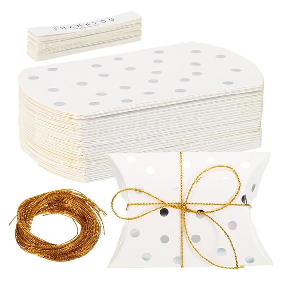 Uxcell Pillow Gift Boxes, (3.62 x 2.56 x 0.98 Inch, Silver Foil Dot)(25Pcs), Mini Pillow Candy Box Creative Favor Box with Golden String Tag, Suit for - Bakery/Candy/Chocolate/Wedding