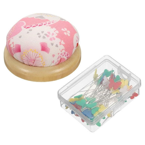 Uxcell Pin Cushion Wooden Base with 50 Pieces Sewing Pins Set for Quilting and Crafts Pink Floral Style