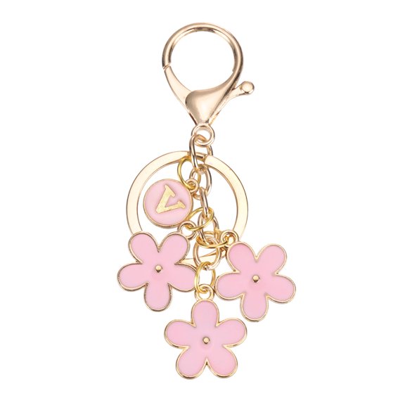 Uxcell Pink Flower Keychain Charm, Cute Enameled Keychain Initial Floral Keyring for Women Key Handbag Accessories V