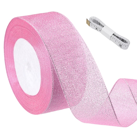 Uxcell Pink Glitter Ribbon (25 Yards, 1-4/7" Wide) with Silver Thread Sparkly Metallic Fabric Ribbons - Sparkly Practical, for Gift Wrapping Balloons Crafts DIY Decor Holiday