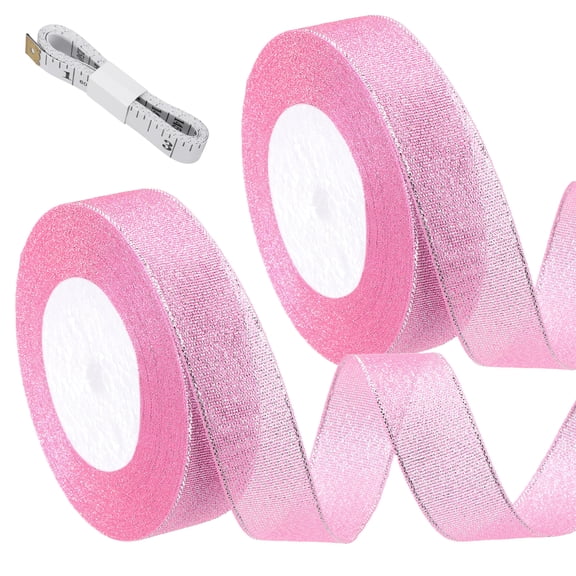 Uxcell Pink Glitter Ribbon (25 Yards, 1" Wide) with Silver Thread Sparkly Metallic Fabric Ribbons - Sparkly Practical, for Gift Wrapping Balloons Crafts DIY Decor Holiday