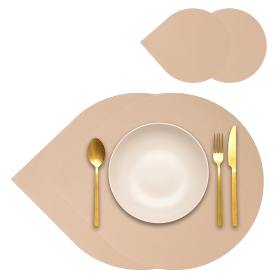 Uxcell Placemats Coasters Set of 2, PU Leather Dual Sided Drop-shape Table Mats Coasters, Washable Heat Resistant Waterproof Oil Proof Place Mats for Kitchen Table (Apricot)