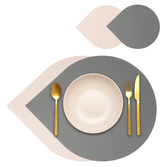 Uxcell Placemats Coasters Set of 2, PU Leather Dual Sided Drop-shape Table Mats Coasters, Washable Heat Resistant Waterproof Oil Proof Place Mats for Kitchen Table (Gray/Beige)
