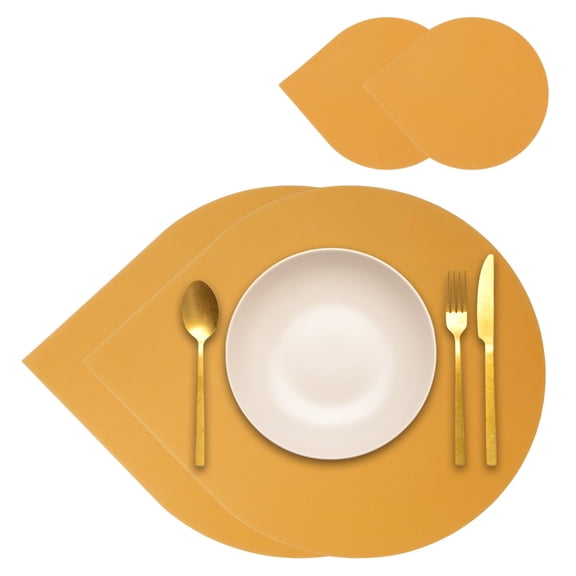 Uxcell Placemats Coasters Set of 2, PU Leather Dual Sided Drop-shape Table Mats Coasters, Washable Heat Resistant Waterproof Oil Proof Place Mats for Kitchen Table (Yellow)