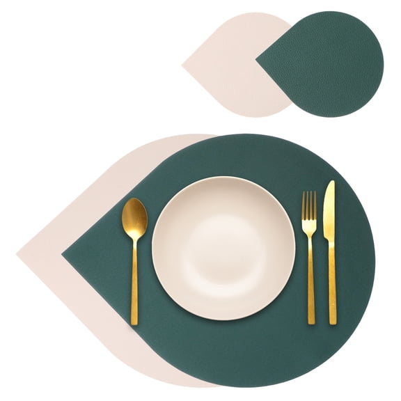 Uxcell Placemats Coasters Set of 2, PU Leather Dual Sided Drop-shape Table Mats Coasters, Washable Heat Resistant Waterproof Oil Proof Place Mats for Kitchen Table (Green/Beige)