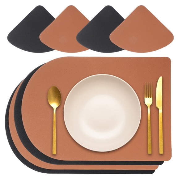 Uxcell Placemats Coasters Set of 4, PU Leather Dual Sided Bread-shape Table Mats Coasters, Washable Heat Resistant Waterproof Oil Proof Place Mats for Kitchen Table (Black/Brown)