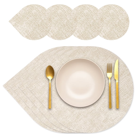 Uxcell Placemats Coasters Set of 4, PU Leather Dual Sided Drop-shape Table Mats Coasters, Washable Heat Resistant Waterproof Oil Proof Place Mats for Kitchen Table (Textured Oat)