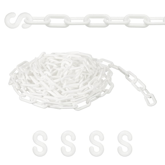 Uxcell Plastic Safety Barrier Chain, 29Ft Plastic Chain Links with 4 Hooks for Crowd Control Queue Lines Elevator Parking Lot, White