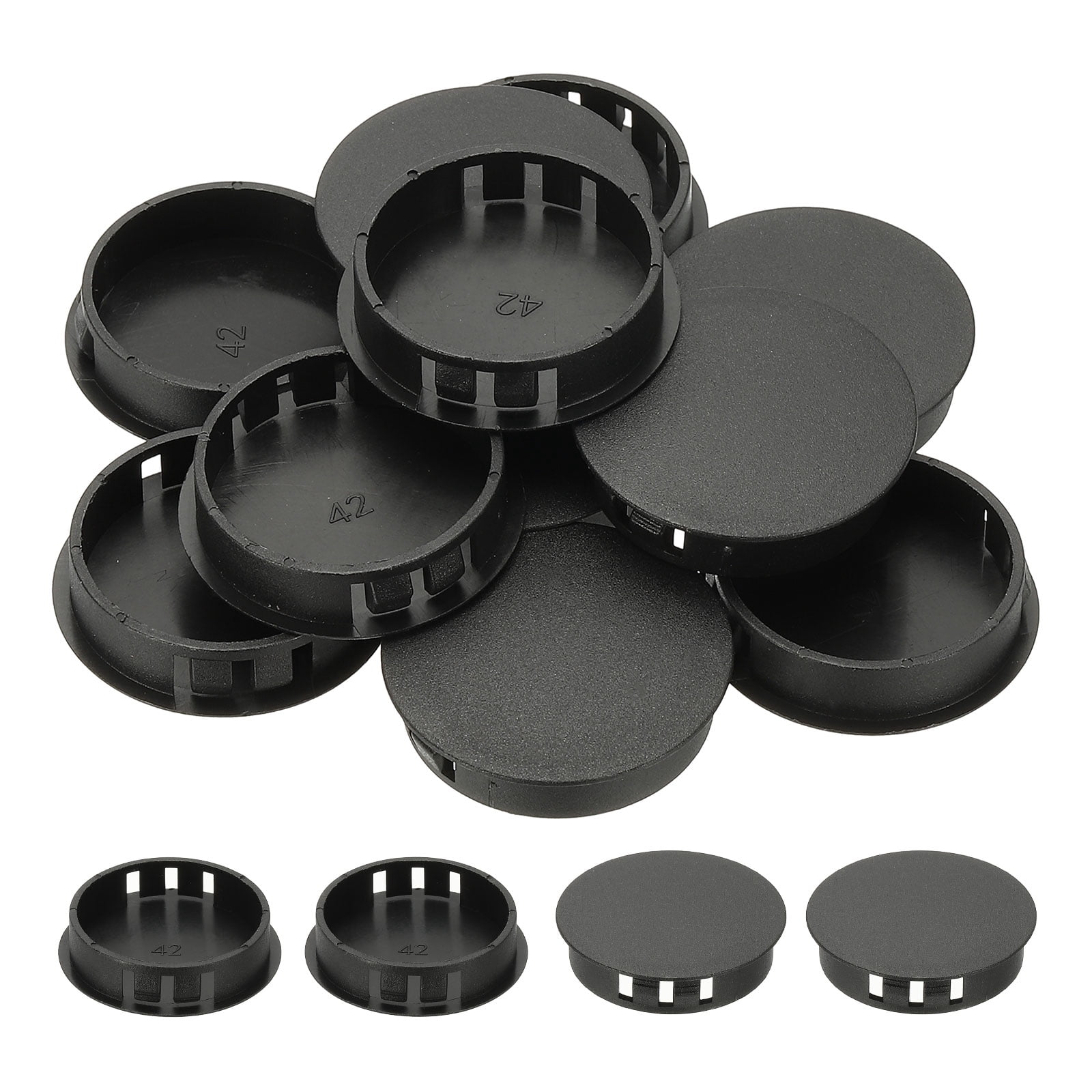 Uxcell Plastic Screws Hole Plugs, 55 Pcs 1 3/5"(42mm) Round Plastic Hole Caps Snap Desk Grommet Buckle Knockout Locking Covers Furniture Insert End Cap for Kitchen Cabinet, Black