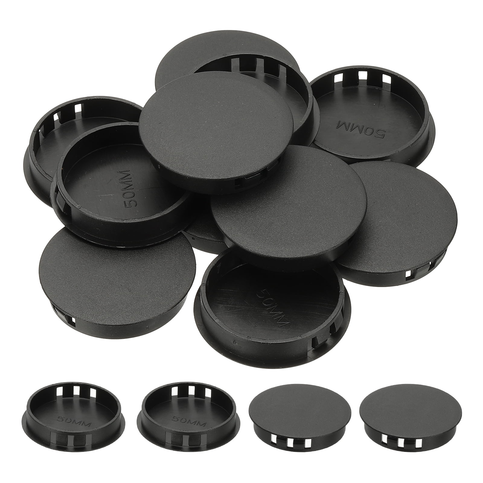 Uxcell Plastic Screws Hole Plugs, 55 Pcs 2"(50mm) Round Plastic Hole Caps Snap Desk Grommet Buckle Knockout Locking Covers Furniture Insert End Cap for Kitchen Cabinet, Black