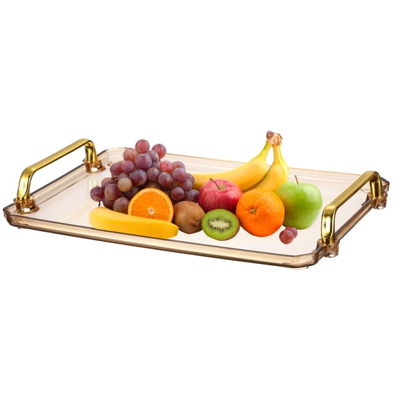 Uxcell Plastic Serving Tray with Golden Handle, 12 x 8.6" Modern Rectangular Decorative Tray Acrylic Reusable Tea Platter for Countertop Bathroom Kitchen Home Restaurant, Gold
