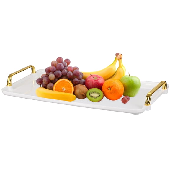 Uxcell Plastic Serving Tray with Golden Handle, 16 x 8.7" Modern Rectangular Decorative Tray Acrylic Reusable Tea Platter for Countertop Bathroom Kitchen Home Restaurant, White