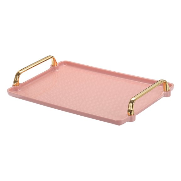 Uxcell Plastic Serving Tray with Golden Handle, 12.2" x 7.9" Modern Rectangular Decorative Tray, Pink