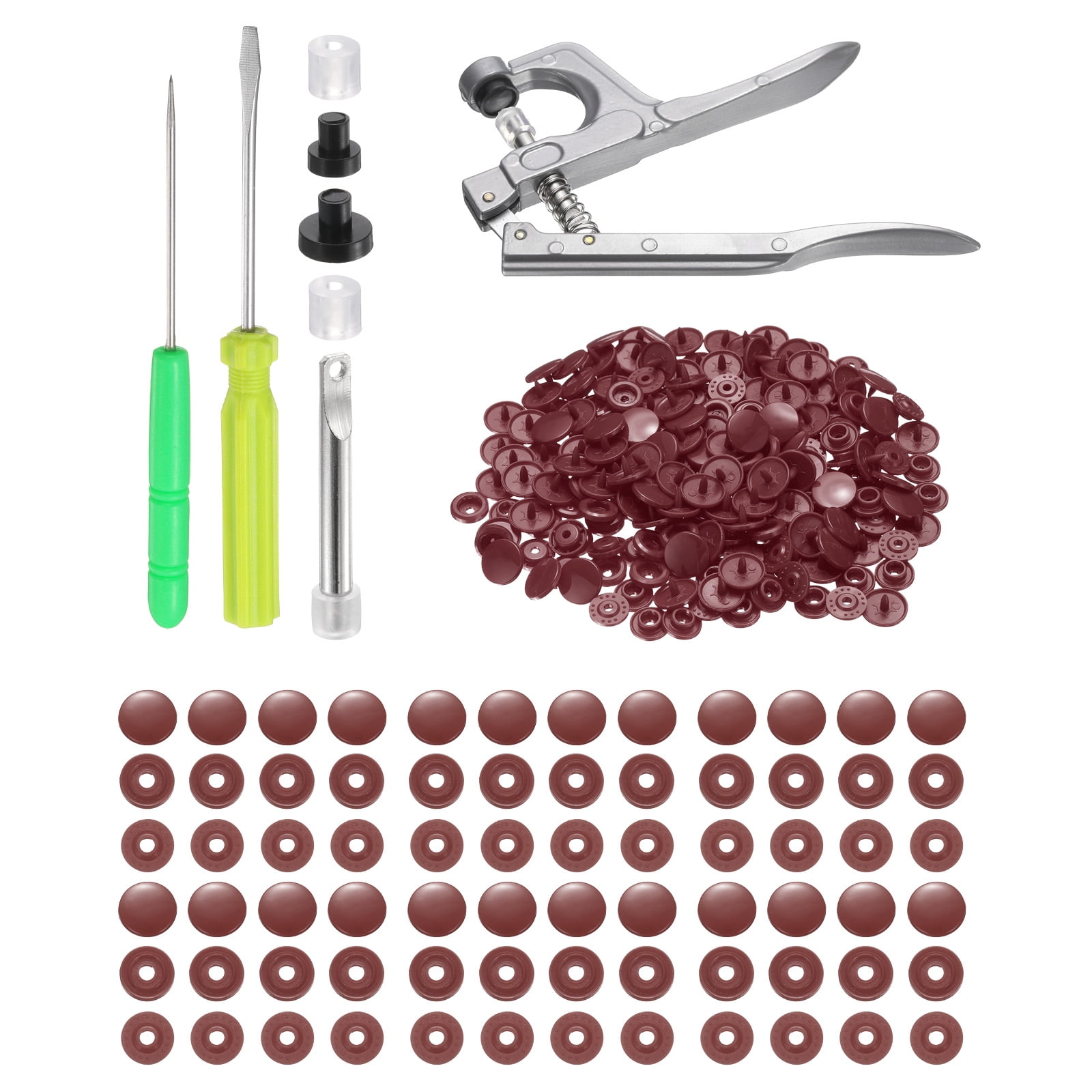 Uxcell Plastic Snaps Fasteners with Snap Pliers, 150 Set T5 Round Resin No-Sew Button Snap Fasteners Kit Brown