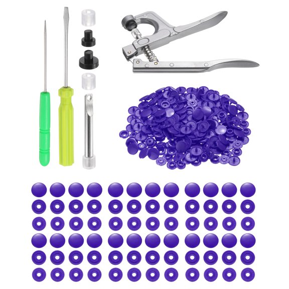 Uxcell Plastic Snaps Fasteners with Snap Pliers, 150 Set T5 Round Resin No-Sew Button Snap Fasteners Kit Purple