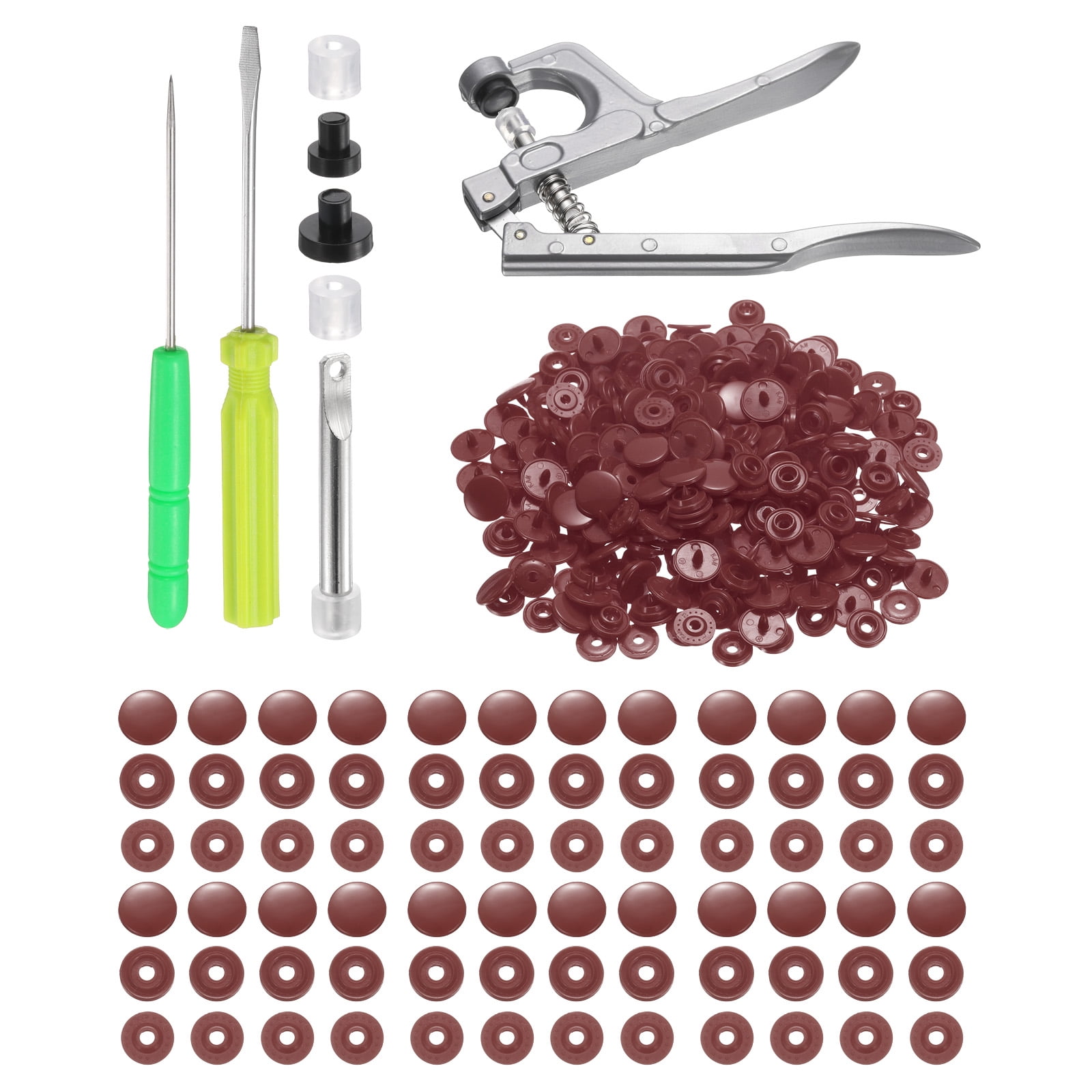 Uxcell Plastic Snaps Fasteners with Snap Pliers, 200 Set T3 Round Resin No-Sew Button Snap Fasteners Kit Brown