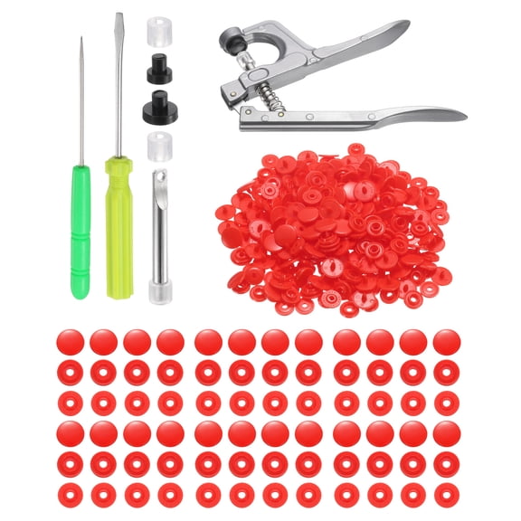 Uxcell Plastic Snaps Fasteners with Snap Pliers, 200 Set T3 Round Resin No-Sew Button Snap Fasteners Kit Red