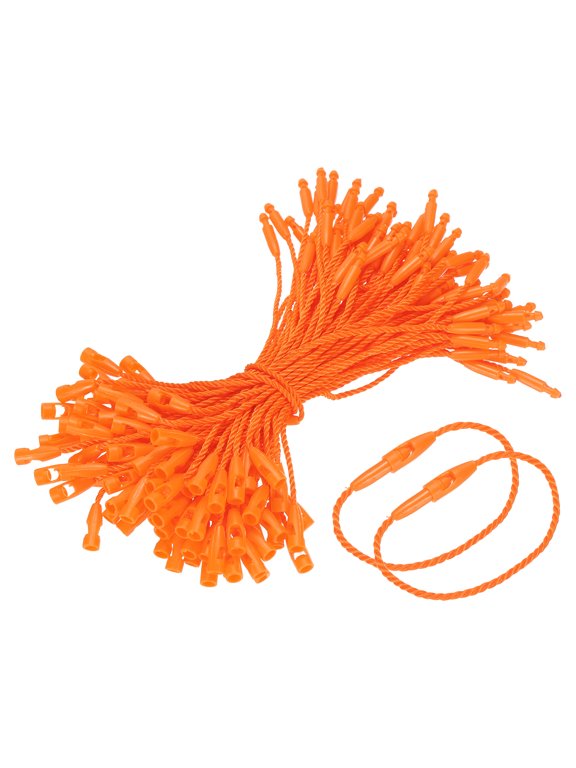 Polyester Hang Tag String, (4 Inch, Orange) (100 Pcs), Snap Lock Pins Loop Fastener Price Tag Ties Fast to Attach, Suit for - Clothes Tags Shoes Snap Lock Luggage Label