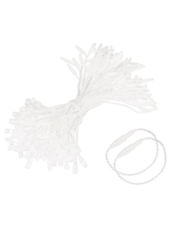 Polyester Hang Tag String, (4 Inch, White) (100 Pcs), Snap Lock Pins Loop Fastener Price Tag Ties Fast to Attach, Suit for - Clothes Tags Shoes Snap Lock Luggage Label