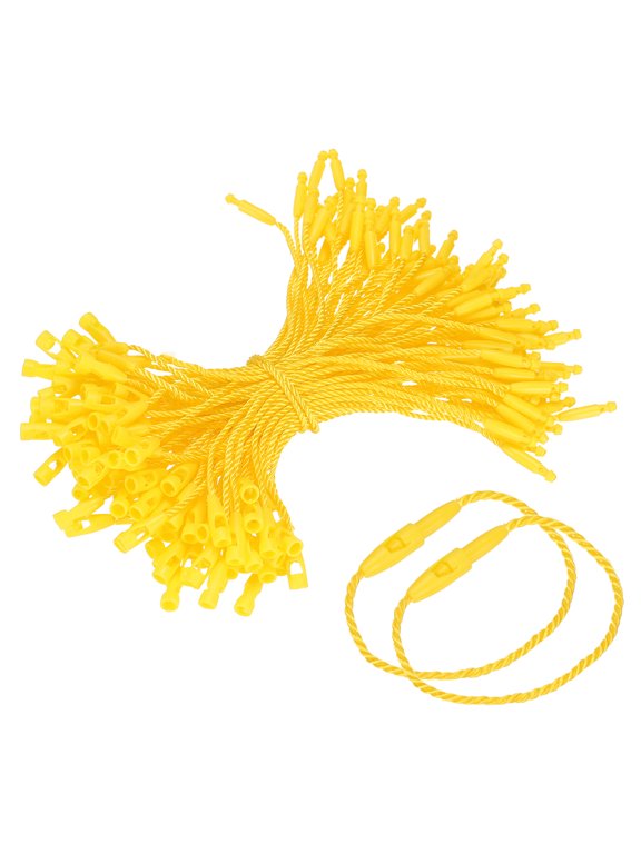 Polyester Hang Tag String, (4 Inch, Yellow) (100 Pcs), Snap Lock Pins Loop Fastener Price Tag Ties Fast to Attach, Suit for - Clothes Tags Shoes Snap Lock Luggage Label
