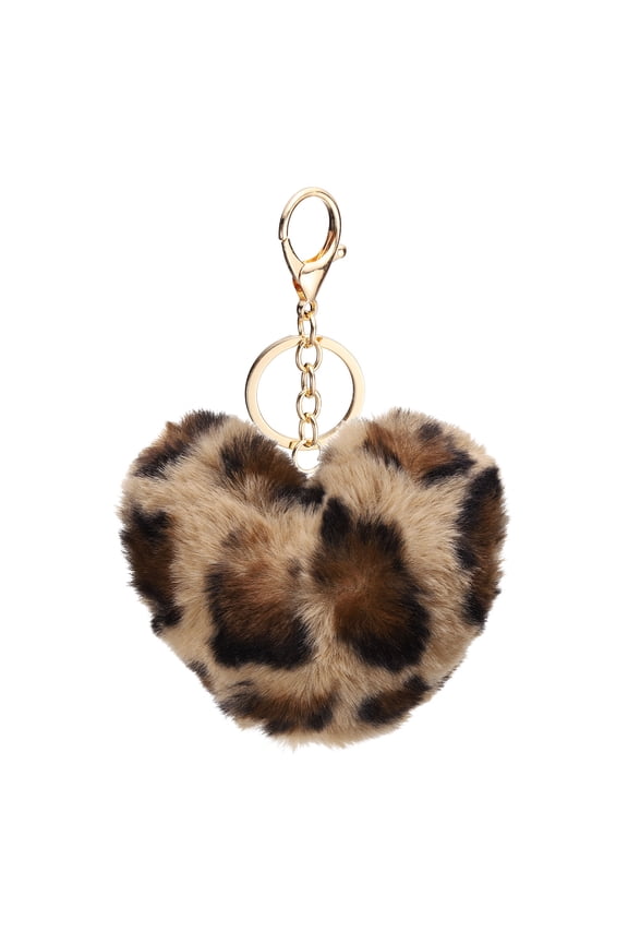 Pom Pom Keychain Soft Cute Fluffy Heart Key Ring with Lobster Clasp Artificial Rabbit Fur Heart Keychains Leopard Light Brown