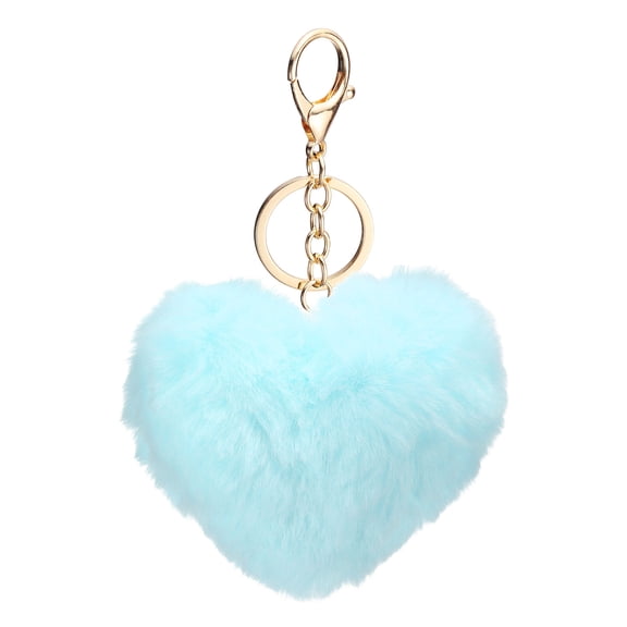 Uxcell Pom Pom Keychain Soft Cute Fluffy Heart Key Ring with Lobster Clasp Artificial Rabbit Fur Heart Keychains Sky Blue