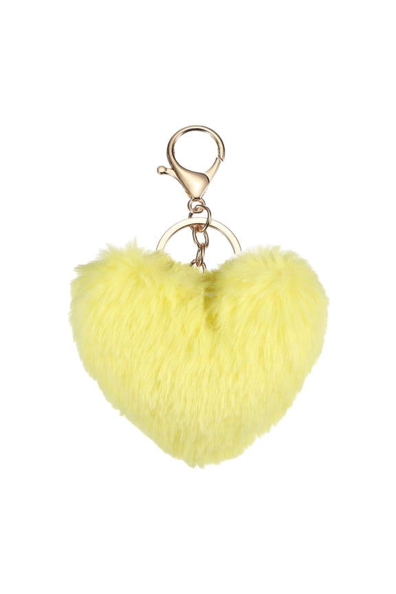 Pom Pom Keychain, 10cm Faux Rabbit Fur Fluffy Pompoms Keyring, Soft Cute Plush Fluffy Heart Keychains for Women Purse Handbag Bag Pendant DIY Crafts, Yellow