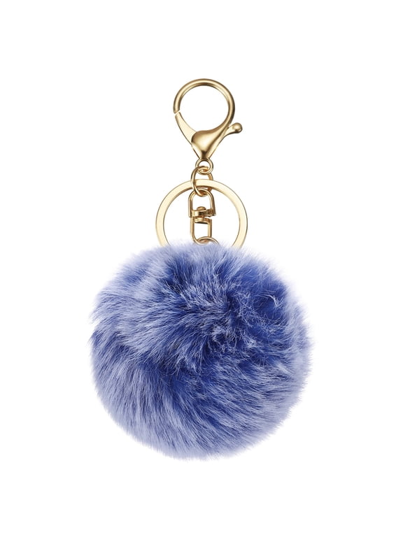 Pom Pom Keychain, 3.15" Faux Rabbit Fur Fluffy Pompoms Keyring, Dark Blue/Light Gold, Fluffy Ball Keychains, Soft Cute Plush, for Women Purse Handbag Bag Tote Pendant DIY Crafts