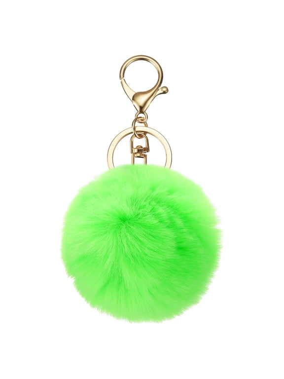 Pom Pom Keychain, 3.15" Faux Rabbit Fur Fluffy Pompoms Keyring, Neon Green/Light Gold, Fluffy Ball Keychains, Soft Cute Plush, for Women Purse Handbag Bag Tote Pendant DIY Crafts