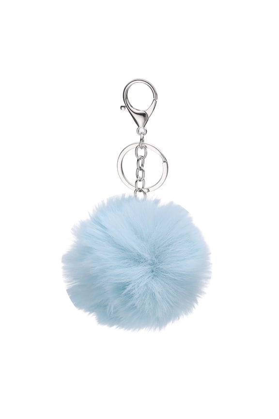 Pom Pom Keychain, 8 cm Soft Cute Fluffy Ball Key Ring, Light Blue
