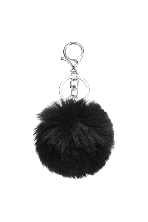 Pom Pom Keychain, 8cm Faux Rabbit Fur Fluffy Pompoms Keyring, Soft Cute Plush Fluffy Ball Keychains for Women Purse Handbag Bag Pendant DIY Crafts, Black/Silver