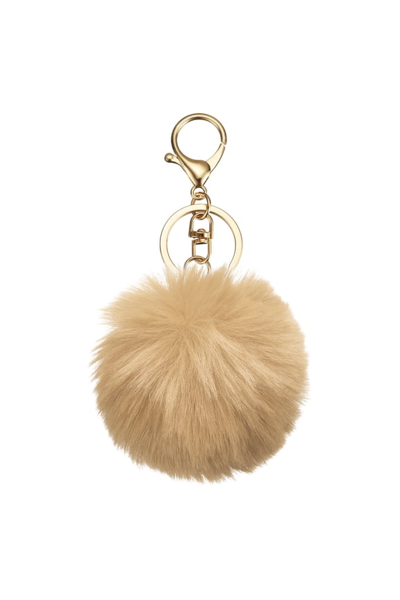 Pom Pom Keychain, 8cm Faux Rabbit Fur Fluffy Pompoms Keyring, Soft Cute Plush Fluffy Ball Keychains for Women Purse Handbag Bag Pendant DIY Crafts, Brown/Light Gold