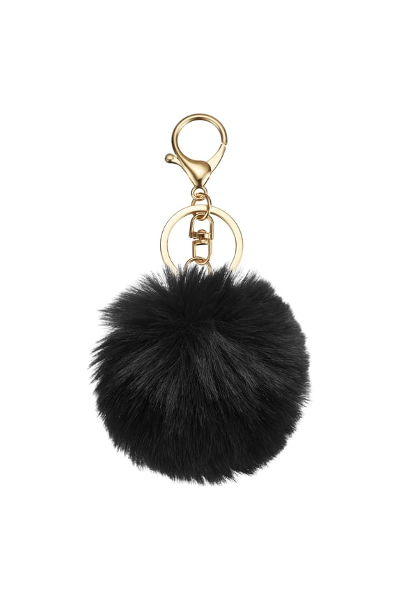 Pom Pom Keychain, 8cm Faux Rabbit Fur Fluffy Pompoms Keyring, Soft Cute Plush Fluffy Ball Keychains for Women Purse Handbag Bag Pendant DIY Crafts, Black/Light Gold