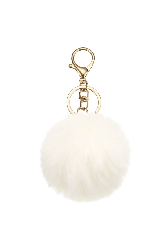 Pom Pom Keychain, 8cm Faux Rabbit Fur Fluffy Pompoms Keyring, Soft Cute Plush Fluffy Ball Keychains for Women Purse Handbag Bag Pendant DIY Crafts, Cream White/Light Gold