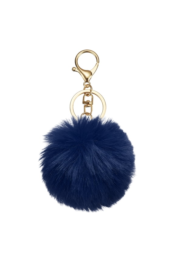 Pom Pom Keychain, 8cm Faux Rabbit Fur Fluffy Pompoms Keyring, Soft Cute Plush Fluffy Ball Keychains for Women Purse Handbag Bag Pendant DIY Crafts, Dark Blue/Light Gold