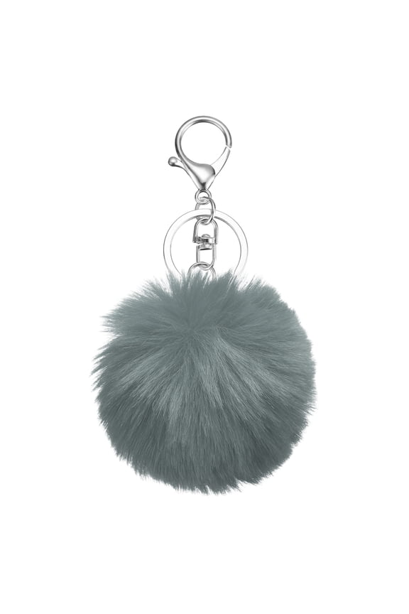 Pom Pom Keychain, 8cm Faux Rabbit Fur Fluffy Pompoms Keyring, Soft Cute Plush Fluffy Ball Keychains for Women Purse Handbag Bag Pendant DIY Crafts, Dark Gray/Silver