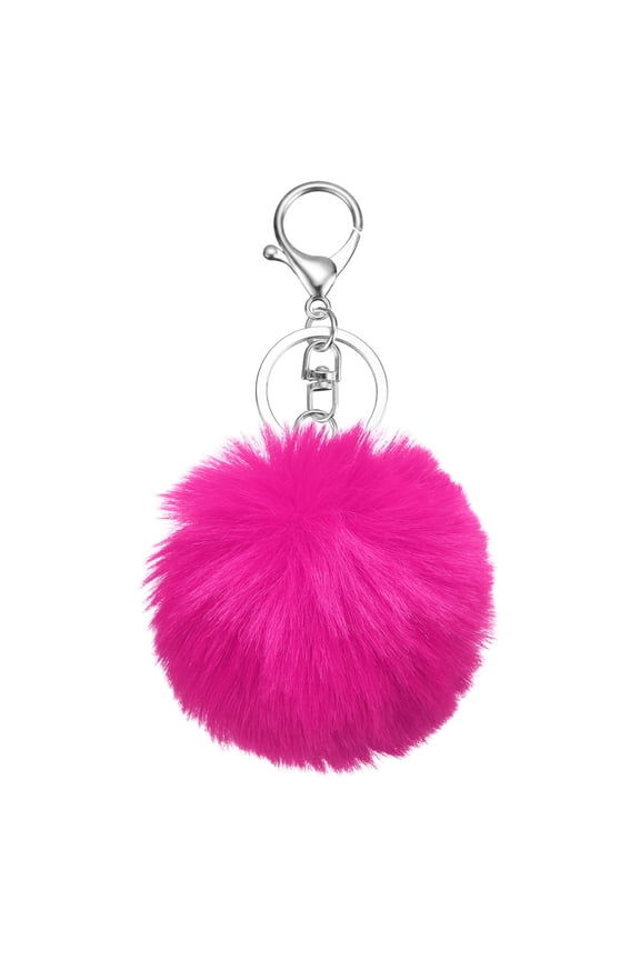 Pom Pom Keychain, 8cm Faux Rabbit Fur Fluffy Pompoms Keyring, Soft Cute Plush Fluffy Ball Keychains for Women Purse Handbag Bag Pendant DIY Crafts, Rose Red/Silver