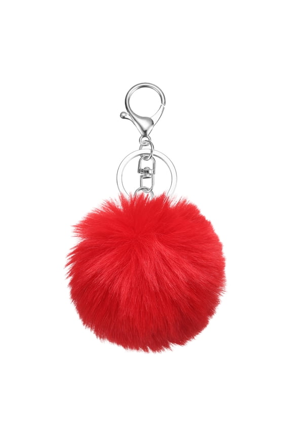 Pom Pom Keychain, 8cm Faux Rabbit Fur Fluffy Pompoms Keyring, Soft Cute Plush Fluffy Ball Keychains for Women Purse Handbag Bag Pendant DIY Crafts, Red/Silver